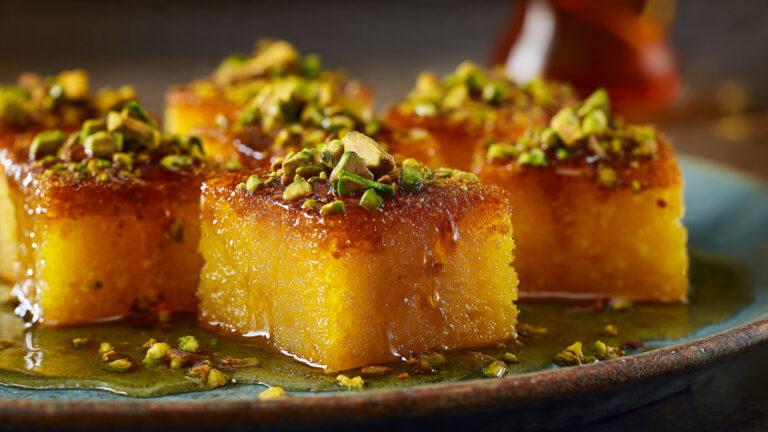 Saffron Pistachio Basbousa